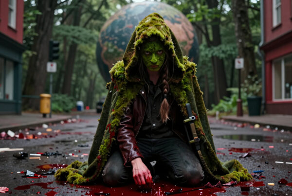Mossy humanoid kneeling amidst bloody urban wreckage surrounded by towering trees and giant Earth sphere