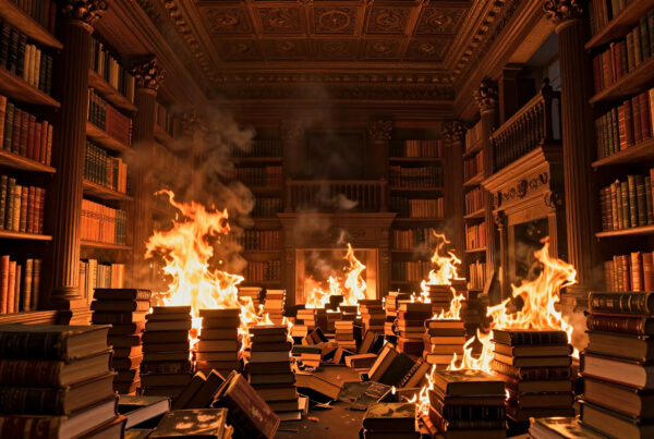 Fire consuming ancient books in an elegant burning library interior