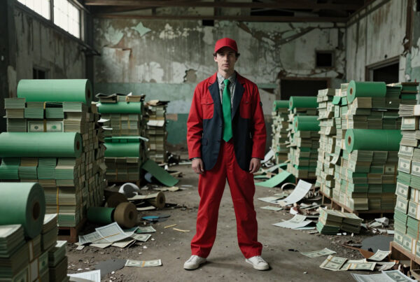 Man in red outfit standing among stacks of fake money in ruined warehouse