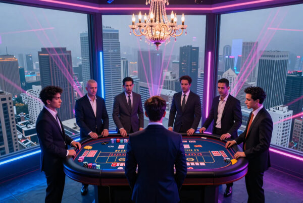Men playing poker in neon-lit luxury casino overlooking city skyline