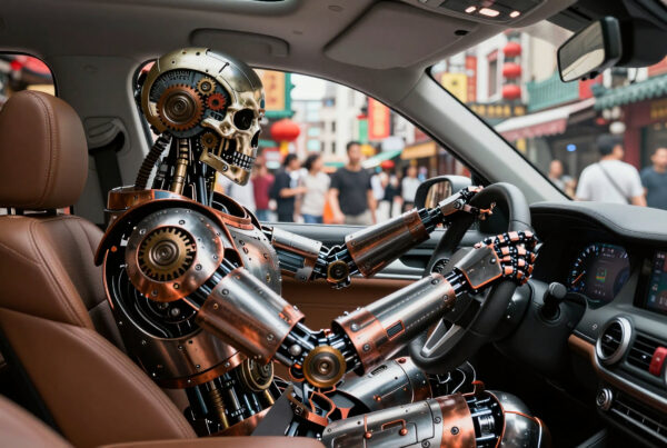 Futuristic robot drives sleek car through busy Asian city streets