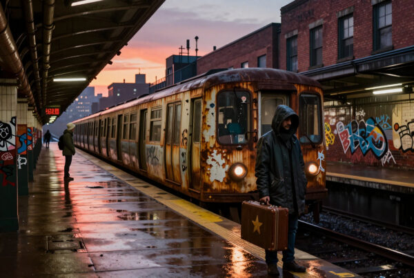 Man waits with suitcase at rainy downtown train station at sunset