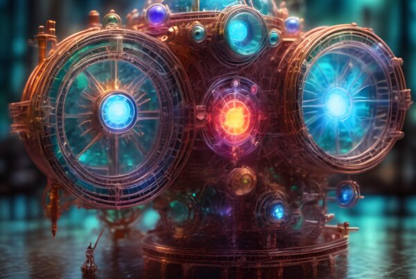 A steampunk-inspired machine emits vibrant lights.
