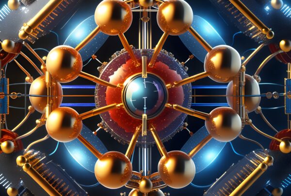 Futuristic atomic model with glowing spheres and metallic elements.
