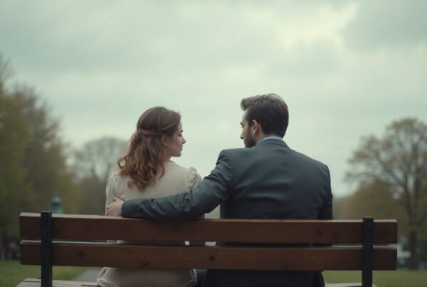 A couple sitting on a park bench, sharing a tranquil moment in nature, with trees and a cloudy sky in the background.