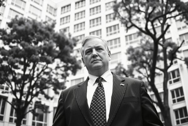 Black and white portrait of businessman in suit against tall building backdrop.