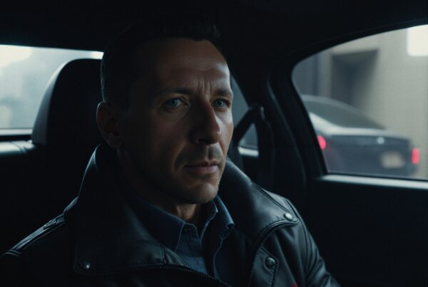 A man in a leather jacket sitting in a car with a contemplative expression, showcasing a tense and cinematic ambiance.