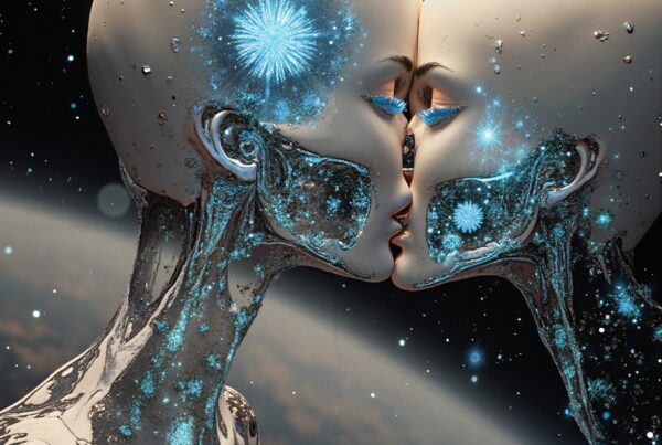 Two futuristic cyborg figures embracing in space-themed art.
