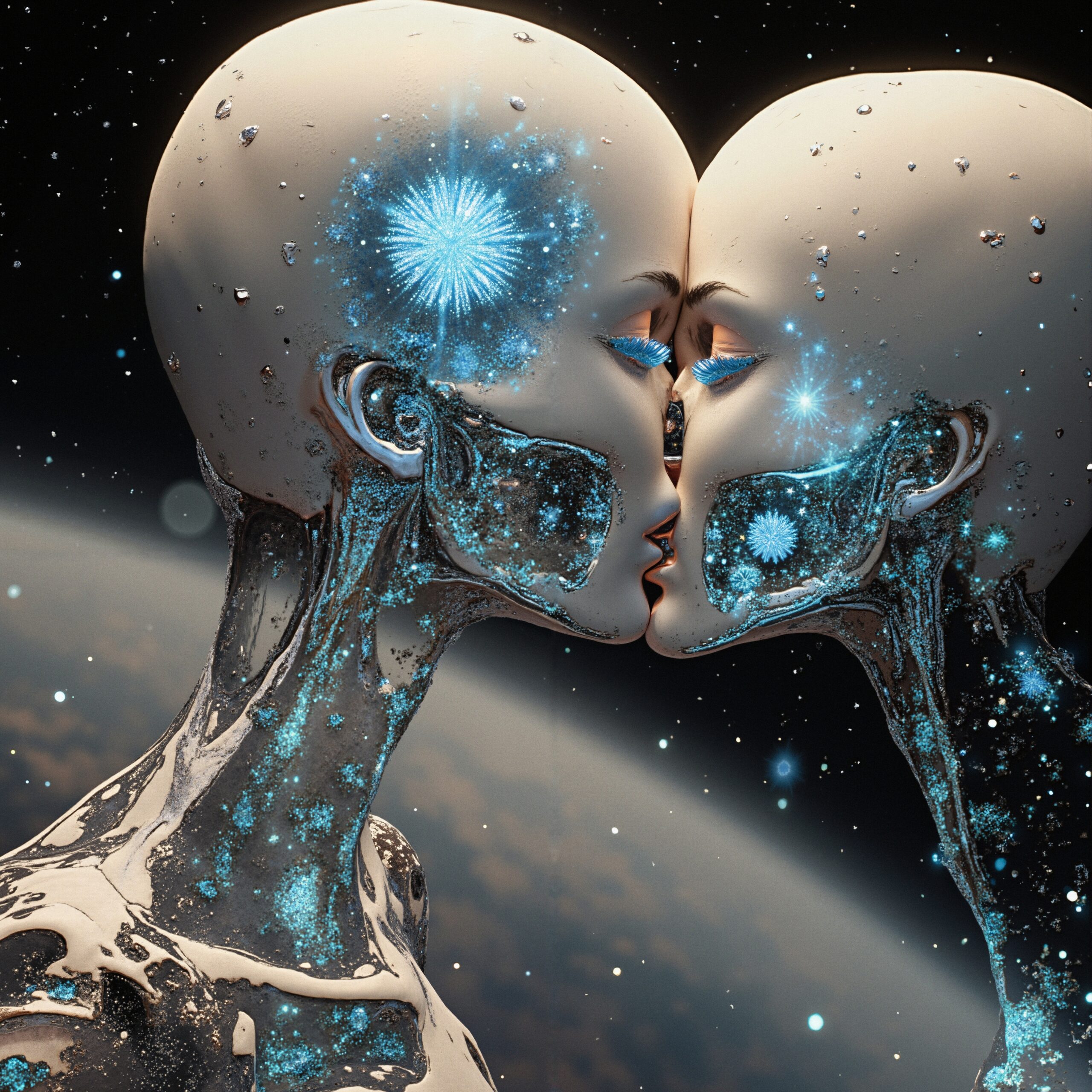 Cyborgs Embrace Amidst Galactic Beauty