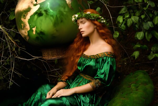 A serene woman in a green dress with a floral crown sits beside a glowing globe, enveloped in lush foliage.