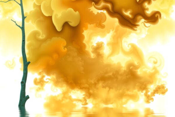 A leafless tree stands in water under swirling golden clouds.