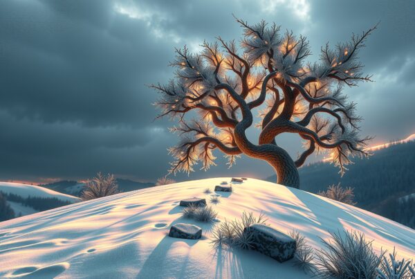 Illuminated tree on snowy hill with dramatic sky.