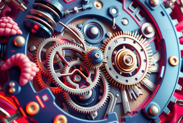A detailed close-up of interconnected mechanical gears and coils with red and blue highlights.