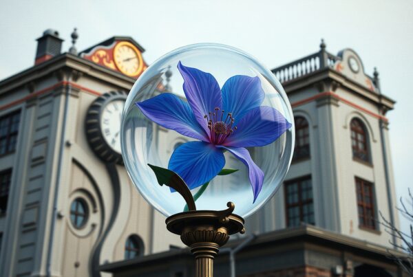 A vivid blue flower encased in glass orb with a classic clock tower backdrop.