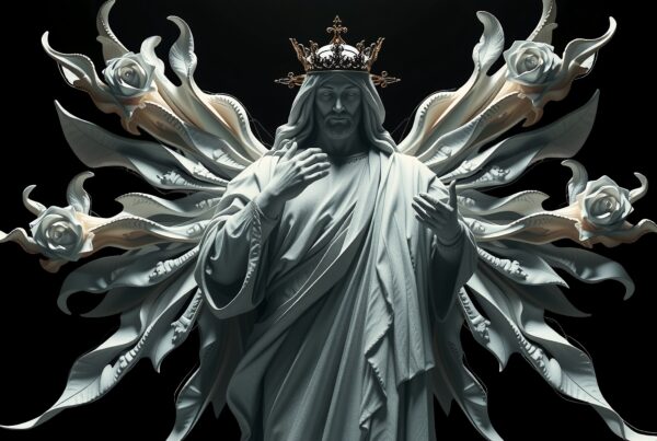 A majestic figure with a crown and floral wings, symbolizing divine royalty.