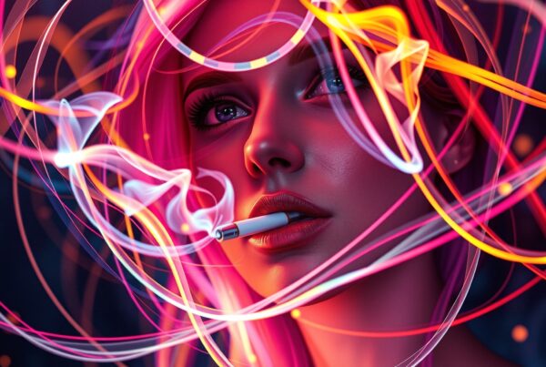 Woman smoking cigarette surrounded by neon colored smoke swirls in artistic digital portrait
