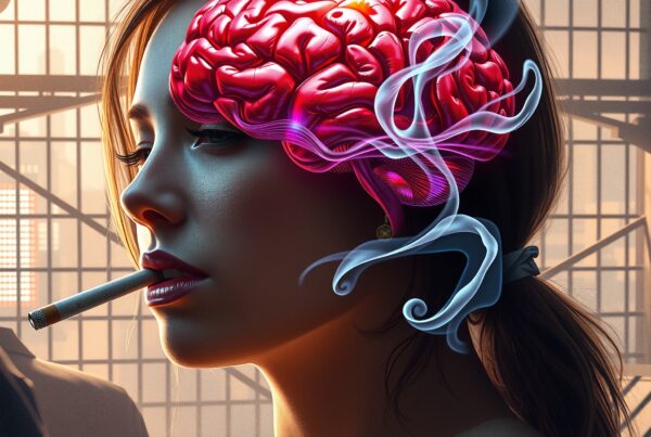 A woman in profile with a visible, vibrant brain, smoking a cigarette with curling smoke, set against a warm, light-filled industrial background.
