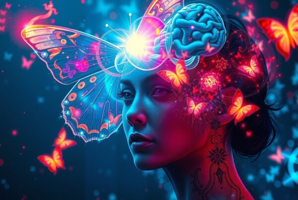 A vibrant digital artwork of a woman with a glowing butterfly and exposed brain, surrounded by colorful butterflies in a surreal, dream-like setting.