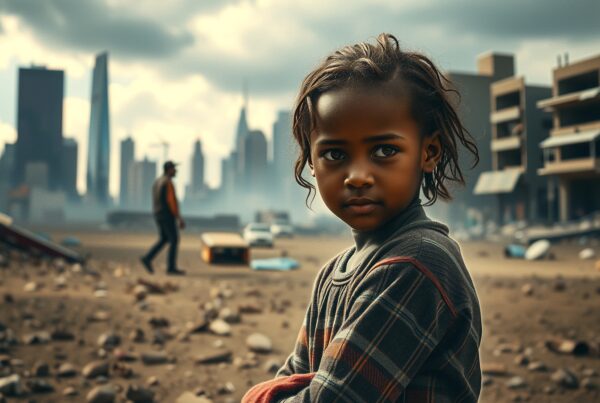 Young girl standing alone among ruined city landscape after catastrophe, looking solemnly forward while adults walk through debris field