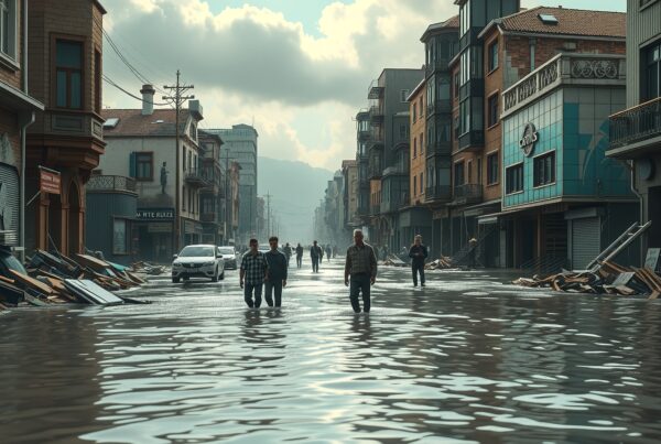 A flooded urban street with people wading through knee-deep water amidst scattered debris, showcasing architectural diversity under an overcast sky.