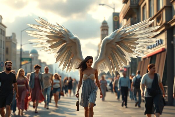 Woman with angel wings walks among city crowd, conveying an ethereal contrast in urban life.