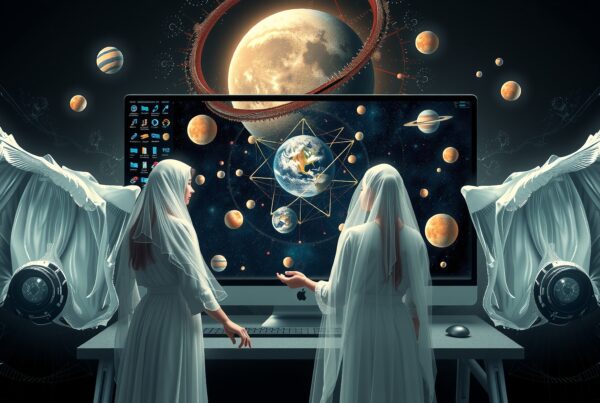 Two figures in white robes interact with a digital cosmic scene displaying Earth and planets, set against a futuristic backdrop.