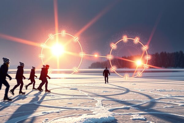 A group of skaters on a frozen lake with glowing neon circles in the background creating a magical winter scene.