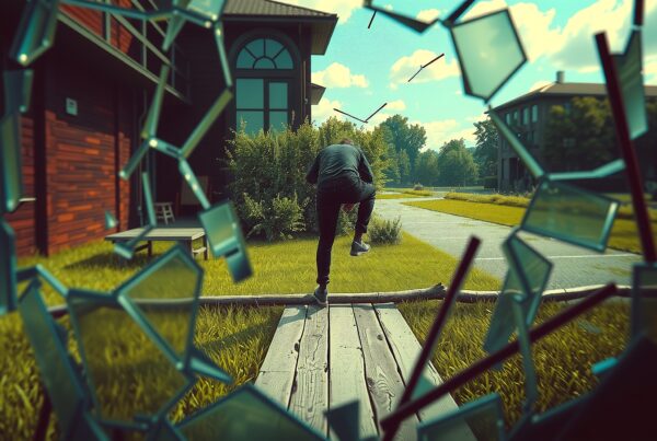 A person runs through a shattered window, escaping into a sunlit yard surrounded by greenery under a blue sky.