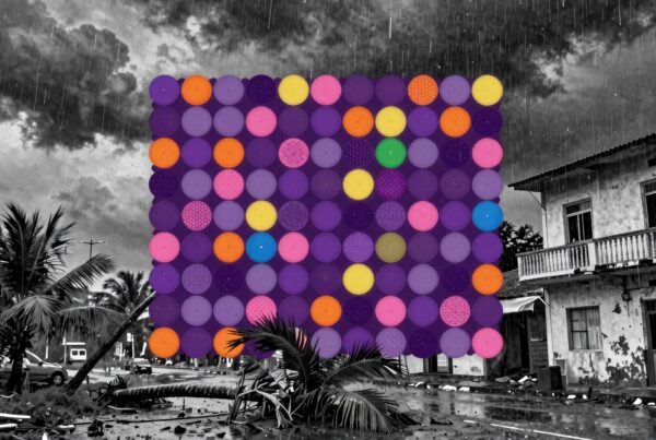 Vivid multicolored circles overlay on a stormy black and white scene with palm trees and a weathered house.