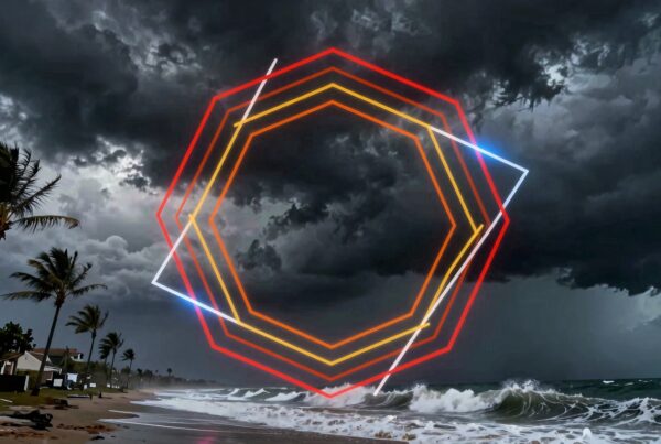 A stormy beach scene with neon geometric lines illuminating the dark, cloudy sky and crashing ocean waves.