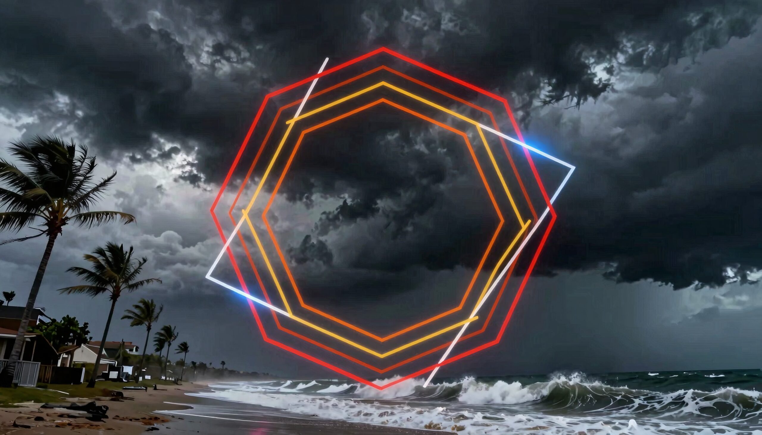 Neon Geometry Over Stormy Beach