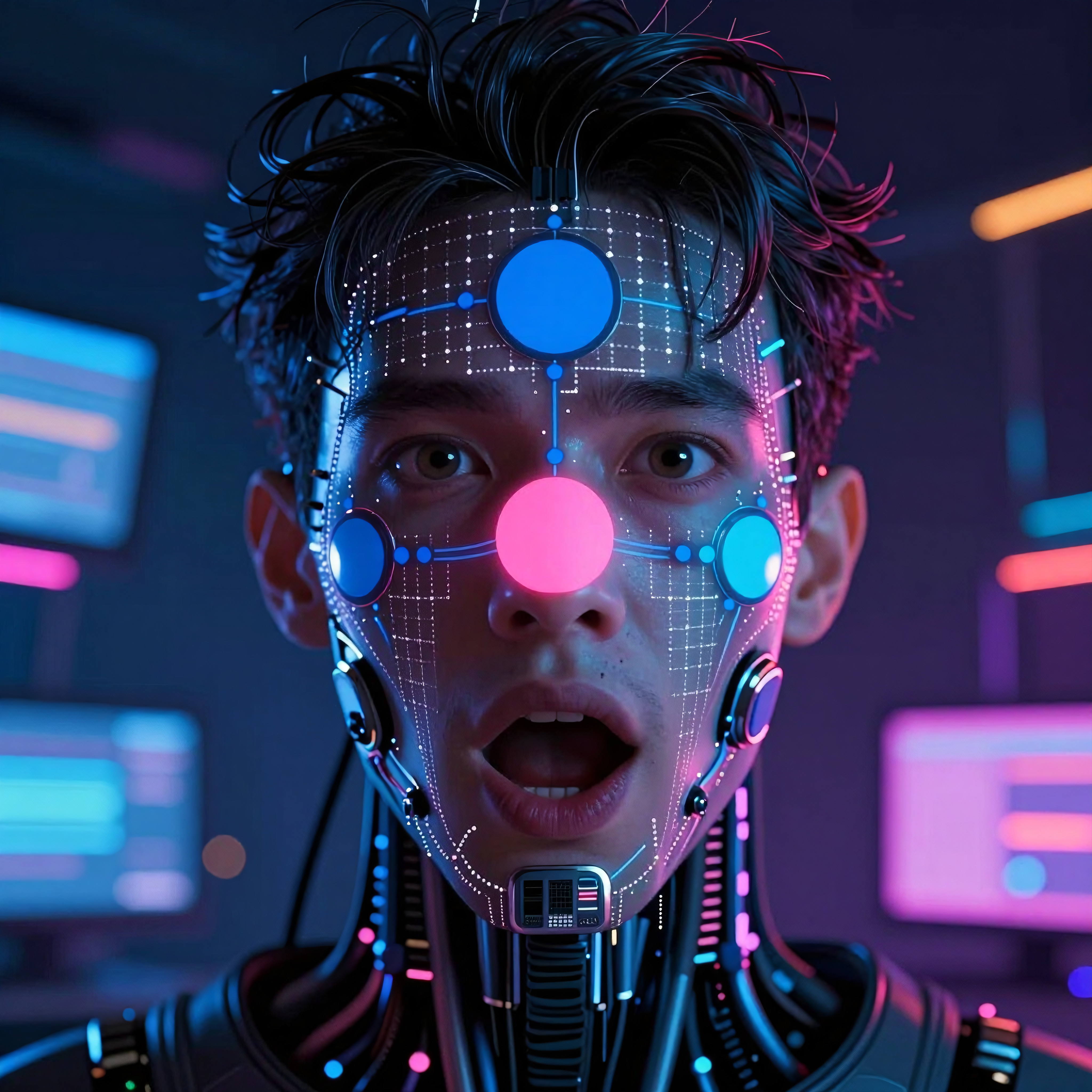 Cybernetic Human with Neon Tech Interfaces
