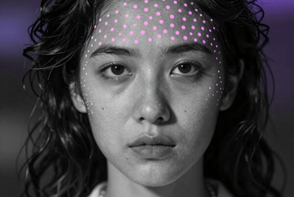 Artistic black and white portrait of a young woman with pink dots.