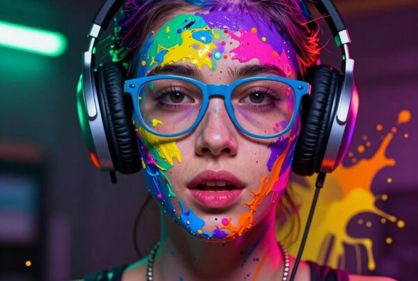 A young person with vibrant, colorful paint splatters, wearing headphones and glasses, creating an artistic look.