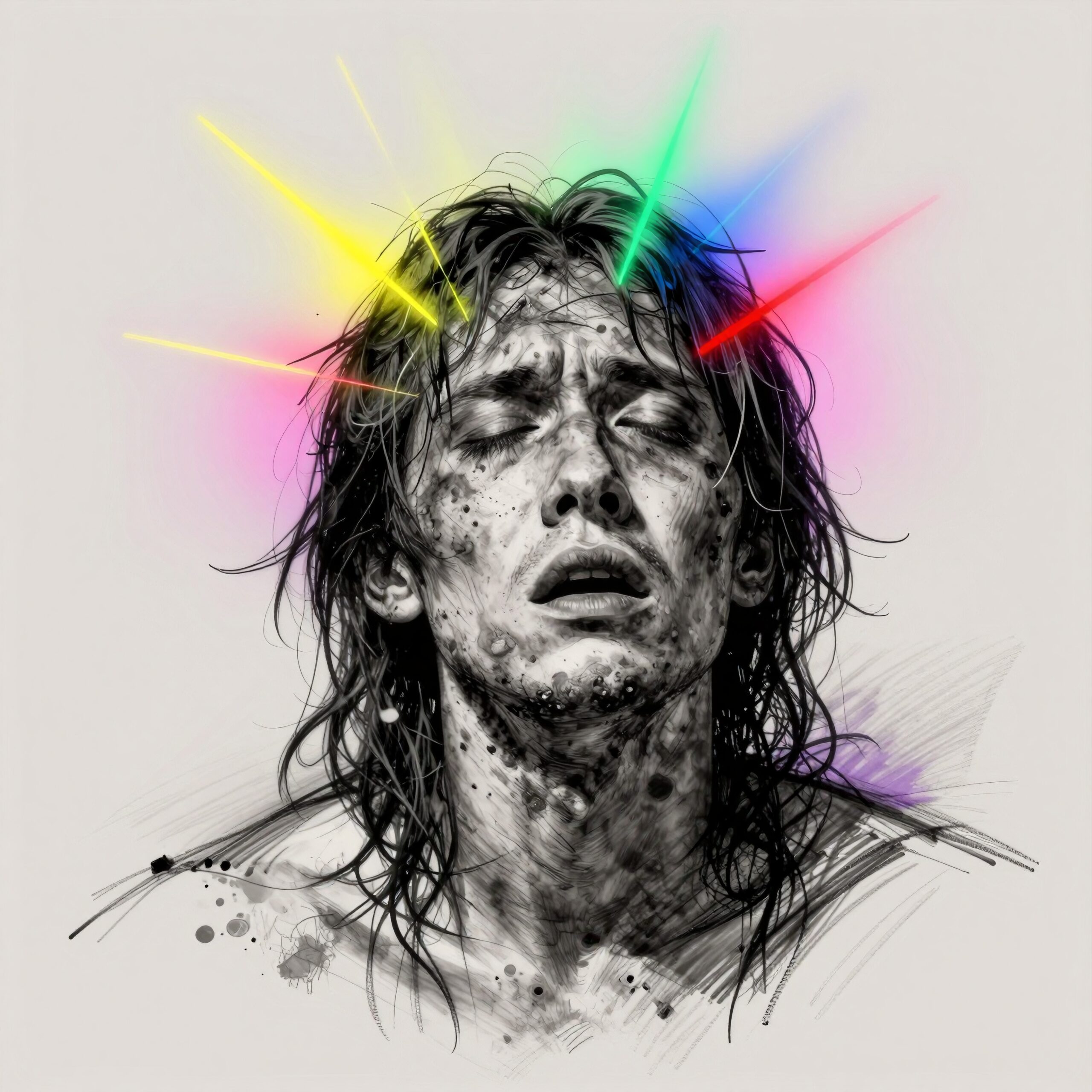 Colorful beams around man’s head