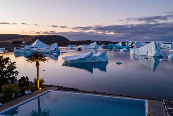 A swimming pool overlooks dramatic icebergs at sunset.