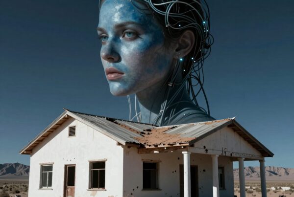Surreal fusion of human and machine in desert landscape.