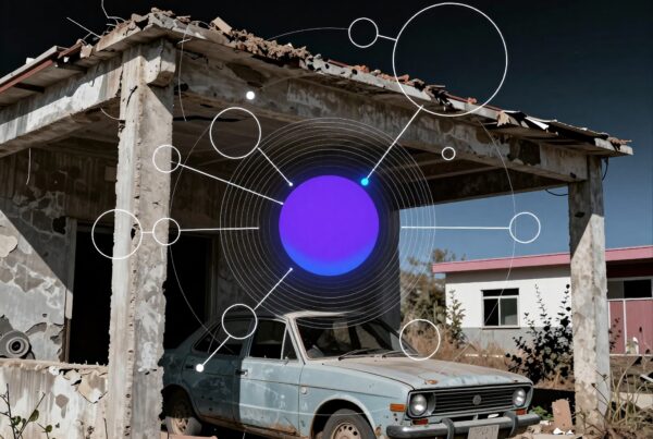 A deteriorating shed with a weathered car is overlaid by a striking cosmic design.