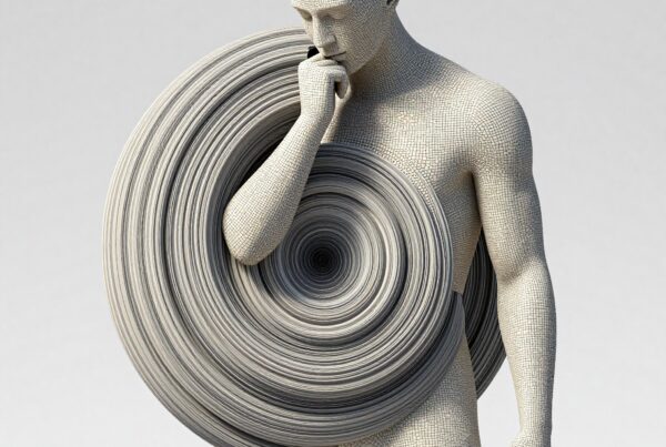 Intricate mosaic figure with vortex pattern suggesting introspective themes.