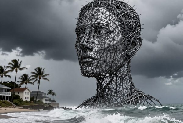 A colossal metal head sculpture rises from ocean waves against a stormy backdrop, blending art and nature.