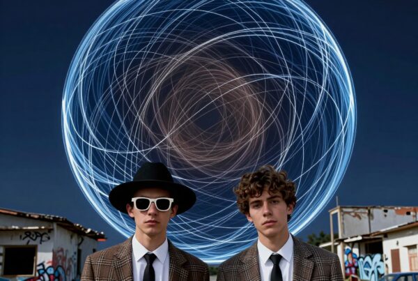 Two stylish men in suits with artistic light painting background in urban area.