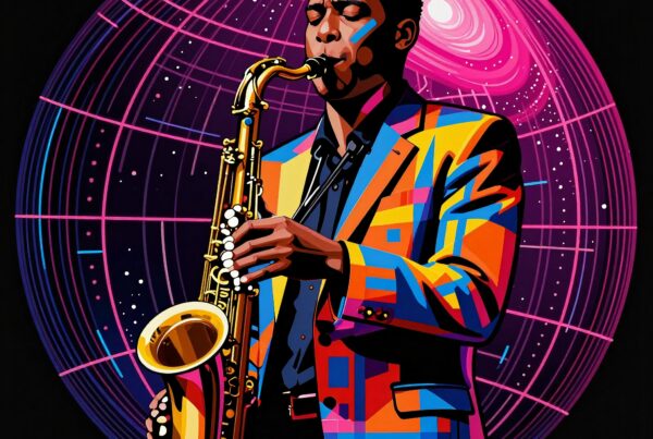 A colorful, dynamic illustration of a saxophonist playing amidst a cosmic themed background.