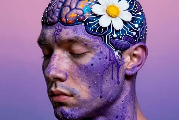Surreal artwork of purple male with brain exposed, showcasing circuits and a daisy, on a dreamy pink background.