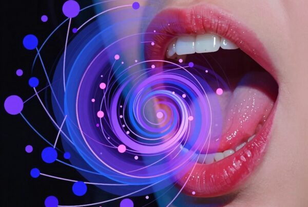 Close-up of open lips surrounded by swirling neon patterns.
