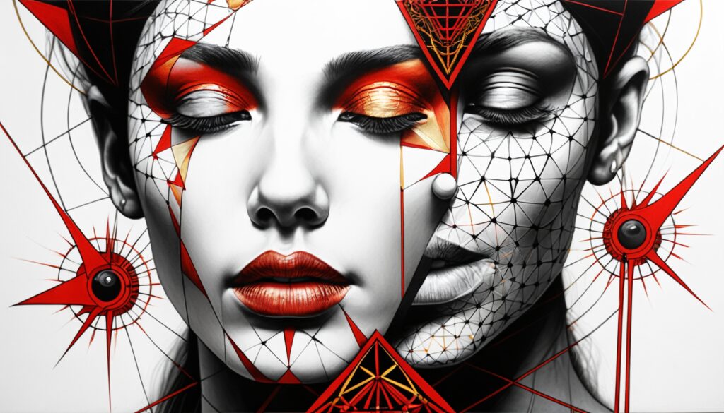 Stylized Digital Portrait with Geometric Split Face and Red Acce