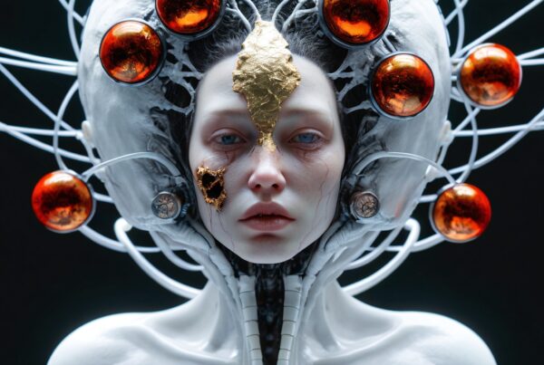 Futuristic cybernetic being with intricate headpiece and golden accents.