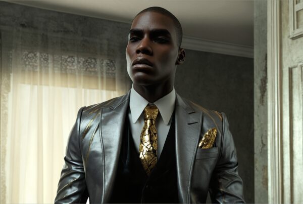 A person wearing a shiny silver suit with a gold tie stands indoors, exuding confidence and sophistication.