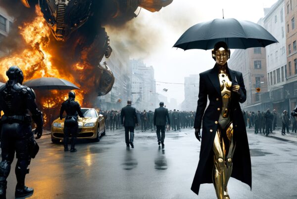 A golden armored figure stands out in a dystopian cityscape, amidst fiery destruction and futuristic chaos.