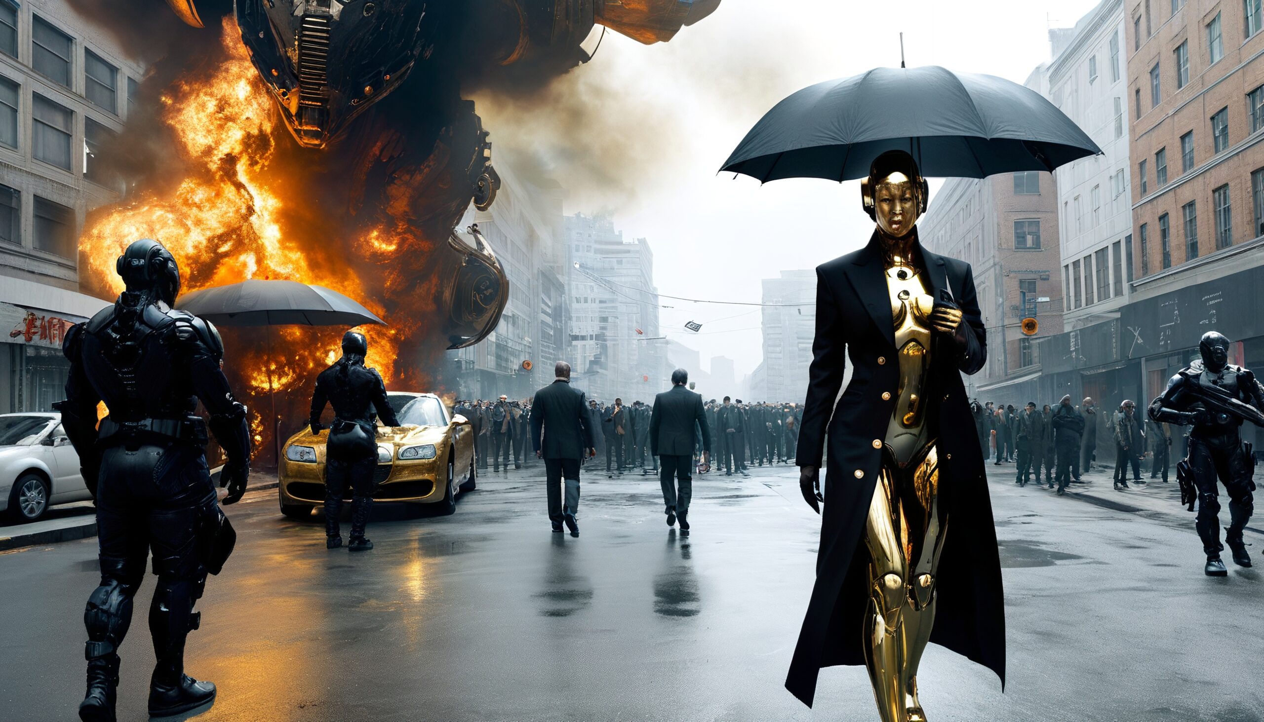 Golden Armored Figure Amidst Chaos