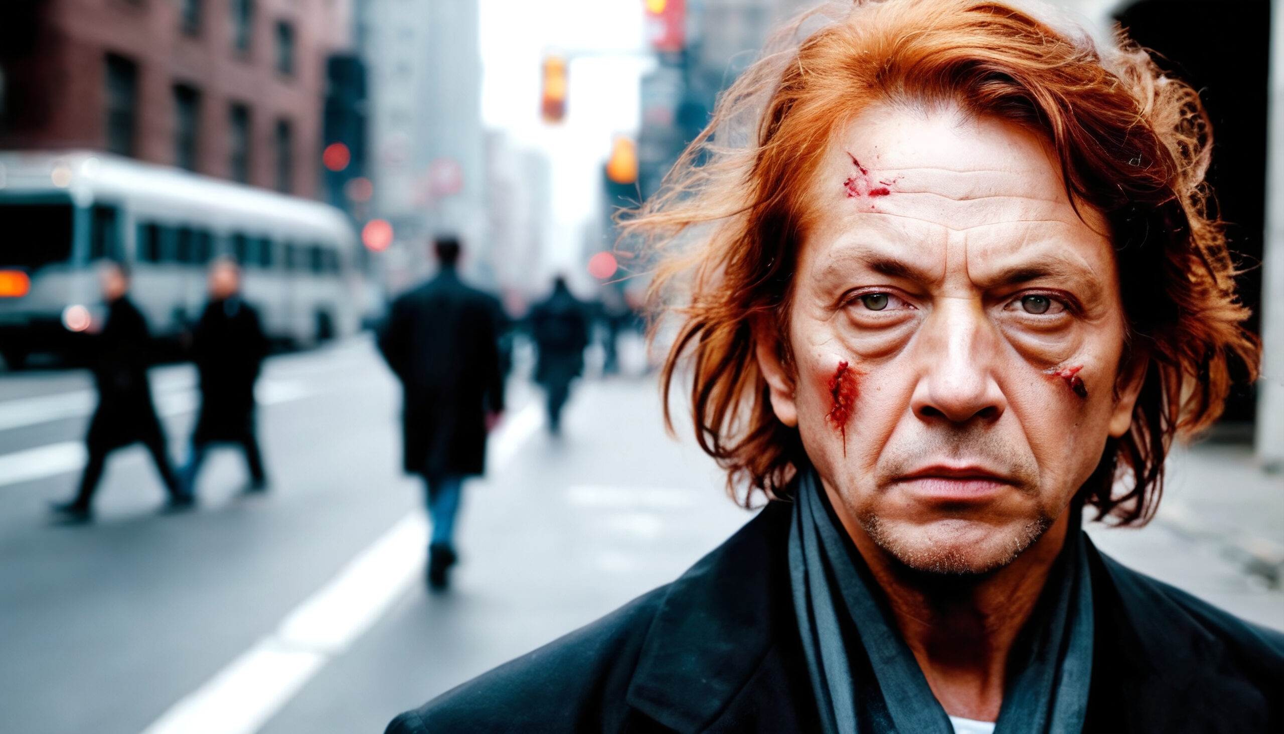 Bloodstained Man in Urban Street